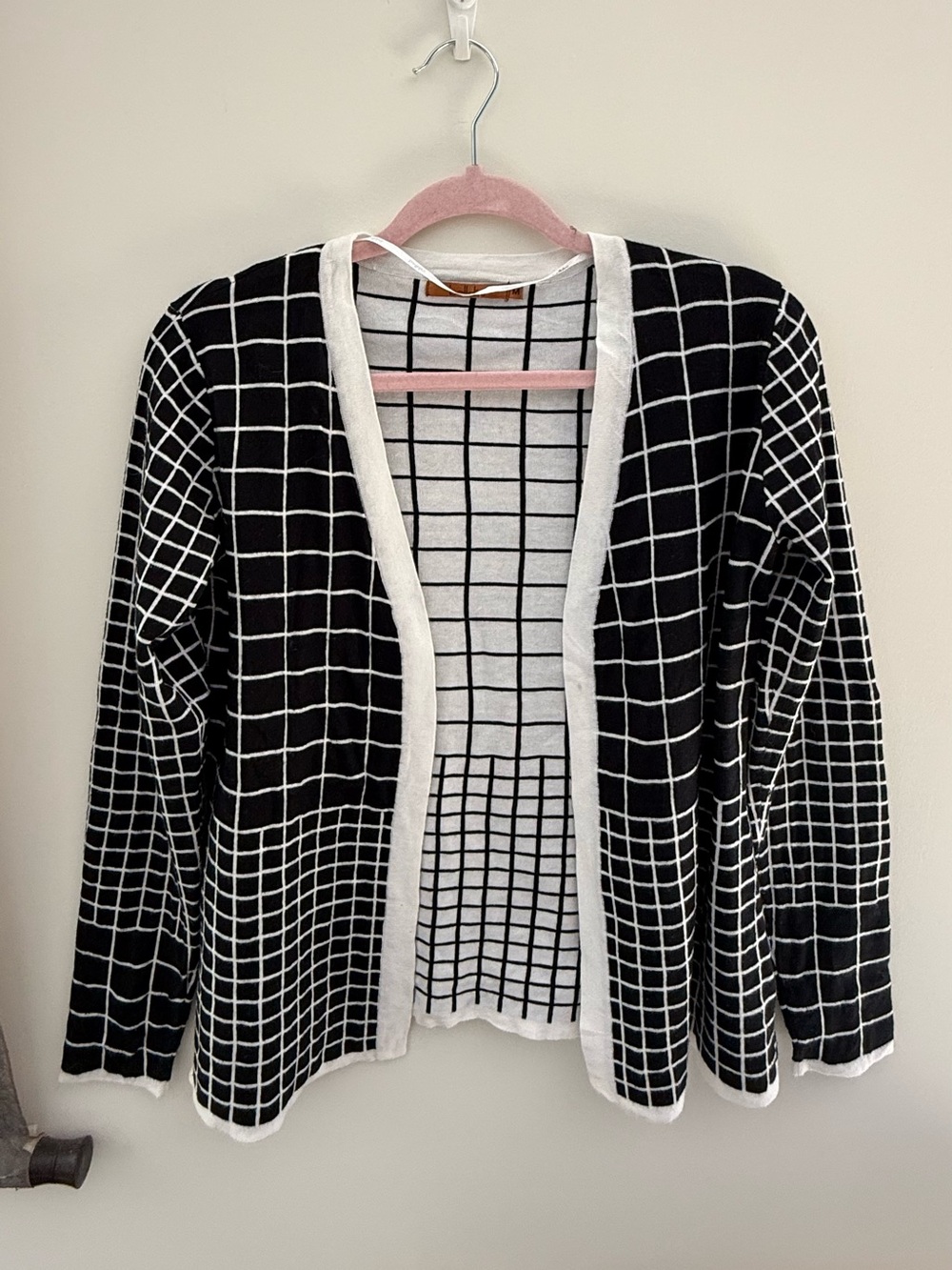 Belldini Black and White Grid Open-Front Cardigan